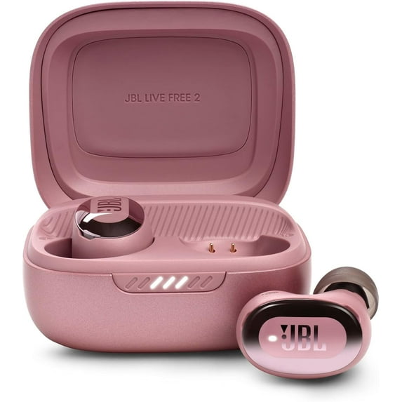 Open Box JBL Live Free 2 - True Wireless Noise Cancelling Earbuds, Up to 35hrs of Playtime, 6 mics for Perfect Calls with Zero Noise, IPX5 Waterproof, Oval Tubes for Better Comfort, Isolation, & bass (Rose)