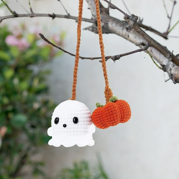 Crochet Pumpkin and Ghost Car Decoration Rear View Mirror Charm Ornaments Cute Car Pendant Interior Decor