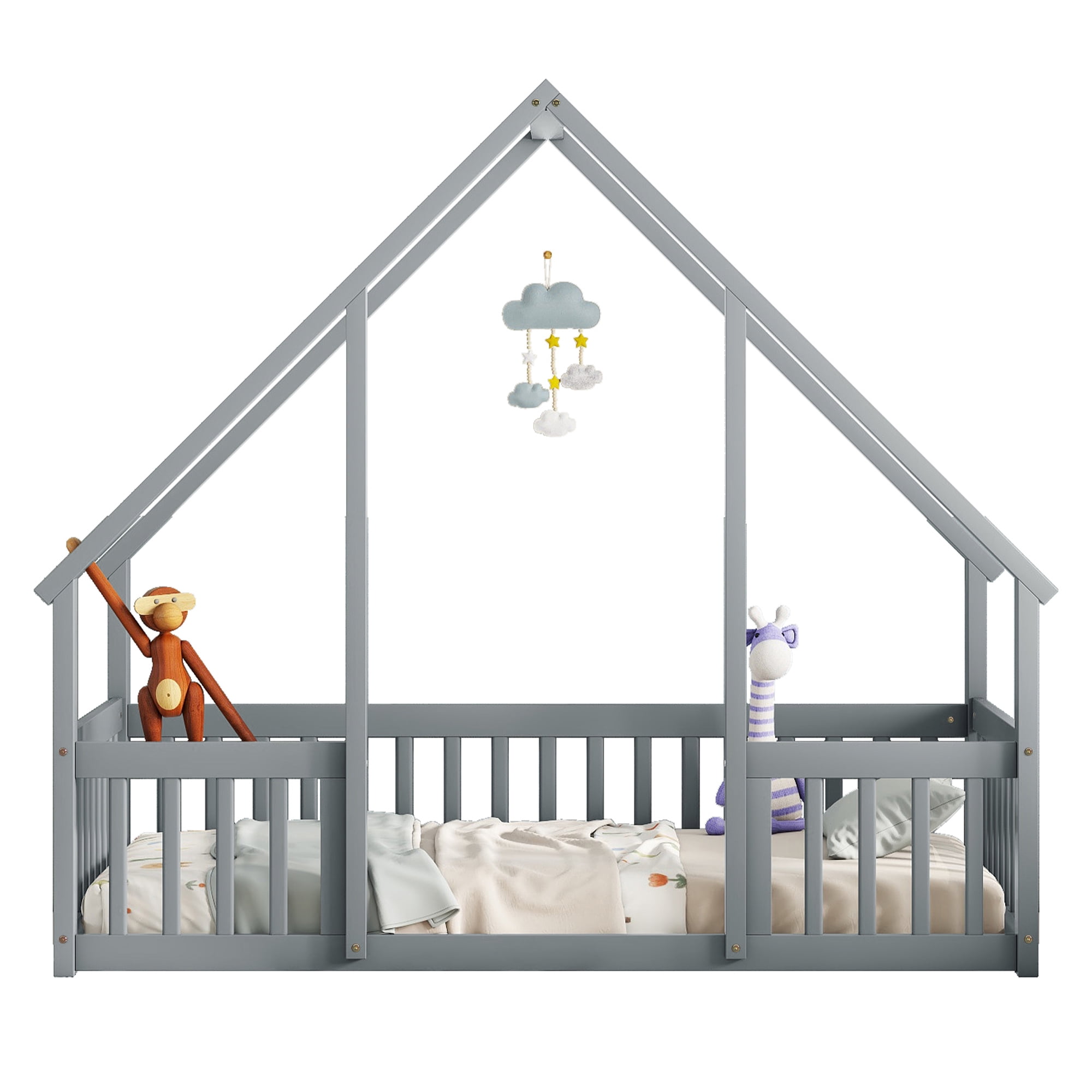 Sailvan Twin Wood House-Shaped Floor Bed with Fence, Guardrails