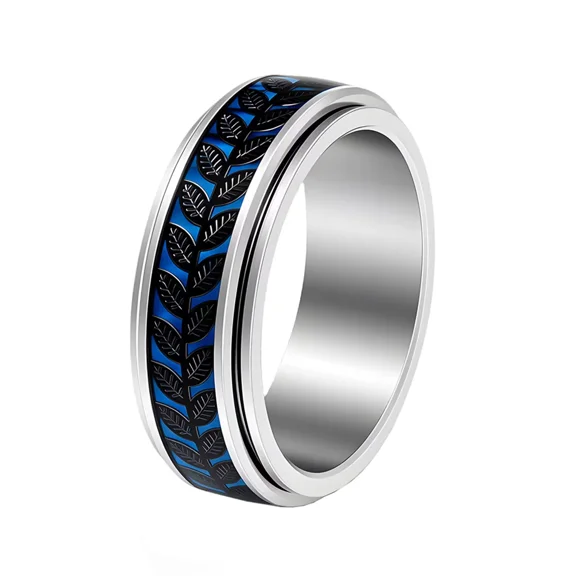 PAMTIER Fidget Leaf Spinner Ring for Men Women Stainless Steel Band with Black Color Leaves Pattern Stress Relief Jewelry Size 12