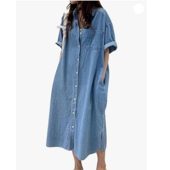 Women's Summer Casual Short Sleeve Long Denim Shirt Dress Casual Loose Button Down Jean Dress