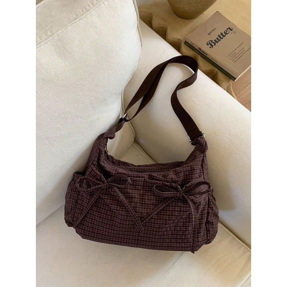 Wynndora Plaid Bow Shoulder Bag, Adjustable Strap Crossbody Purse, Coffee
