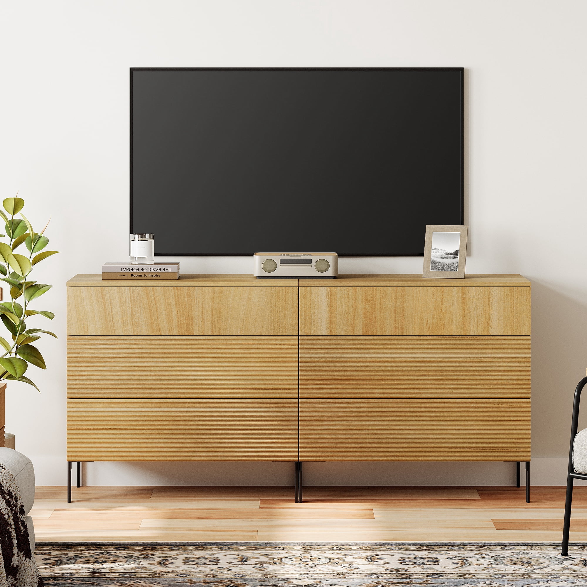 Modern 6 Drawer Dresser TV Stand for TVs up to 75 Inch, Reeded Entertainment Center, Wood TV Console with Storage for Living Room