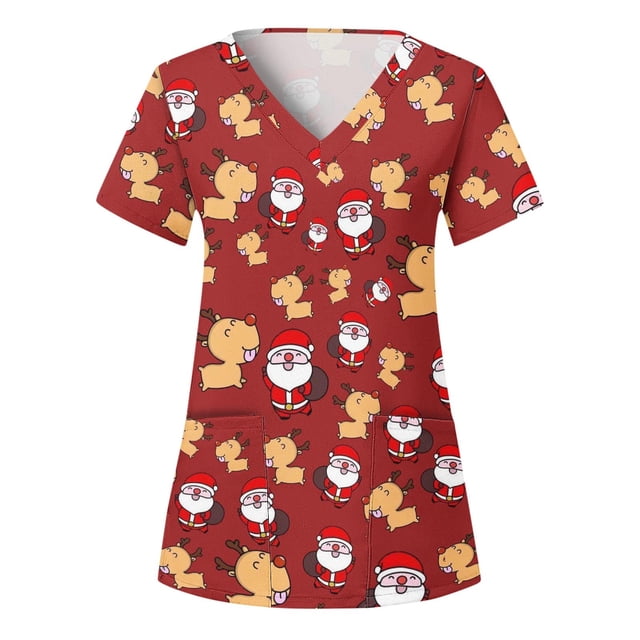 Snorda Haut de Sarrau pour Femme Mode Manches Courtes Col en V Hauts Uniforme de Travail Imprimé Blouse à Poche Hauts