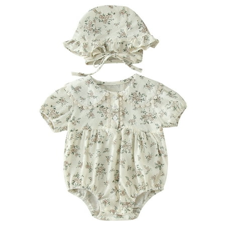 

Toddler Baby Girls Climbing Clothes Short Sleeve Floral Prints Ruffles Romper Bodysuits With Hat Outfits For 6-9 Months