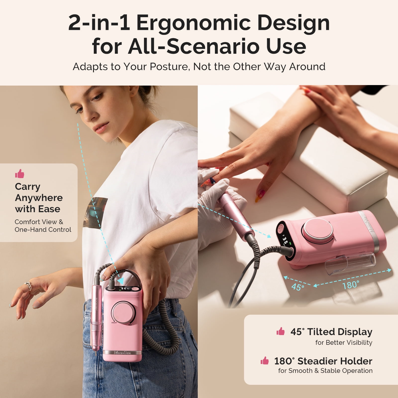 MelodySusie Upgraded Clip-On Cordless 2-in-1 Nail Drill with Tilted Display Design, SM320GW 35000RPM High-Efficiency E-File, Pink
