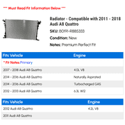 Radiator - Compatible with 2011 - 2018 Audi A8 Quattro 2012 2013 2014 2015 2016 2017