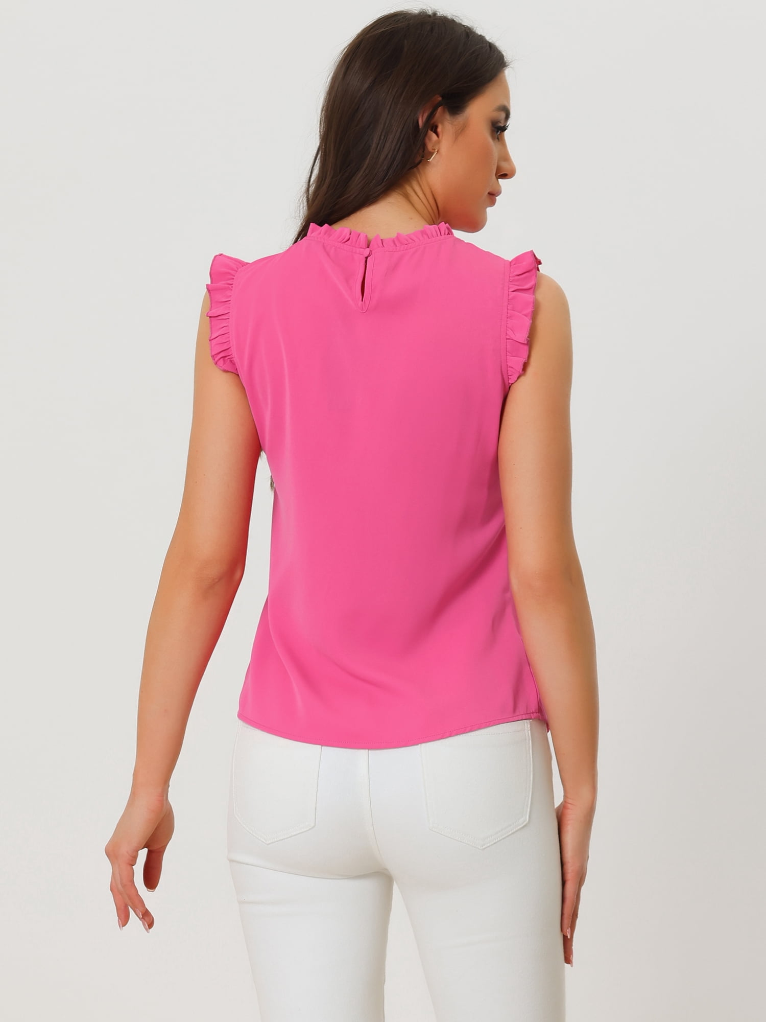 DARING DIVA Women's Ruffled Trim Pleated Plain Blouse Top M Neon Pink