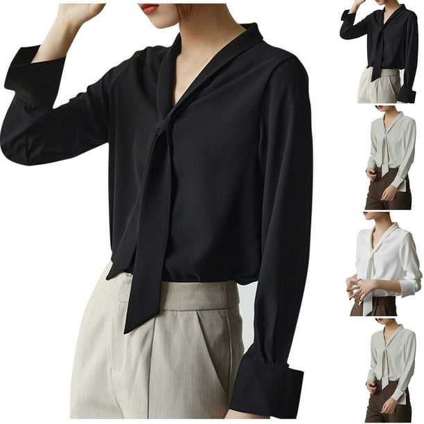 Blusas,Camisa de manga larga con cuello en V para mujer, top informal de color liso, poliéster, cómoda para uso diario, sopatenor