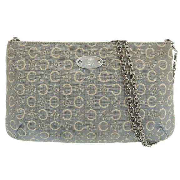 Pre-Owned CELINE Macadam Pattern Triomphe Chain Shoulder Pouch Bag Light Blue (Good)