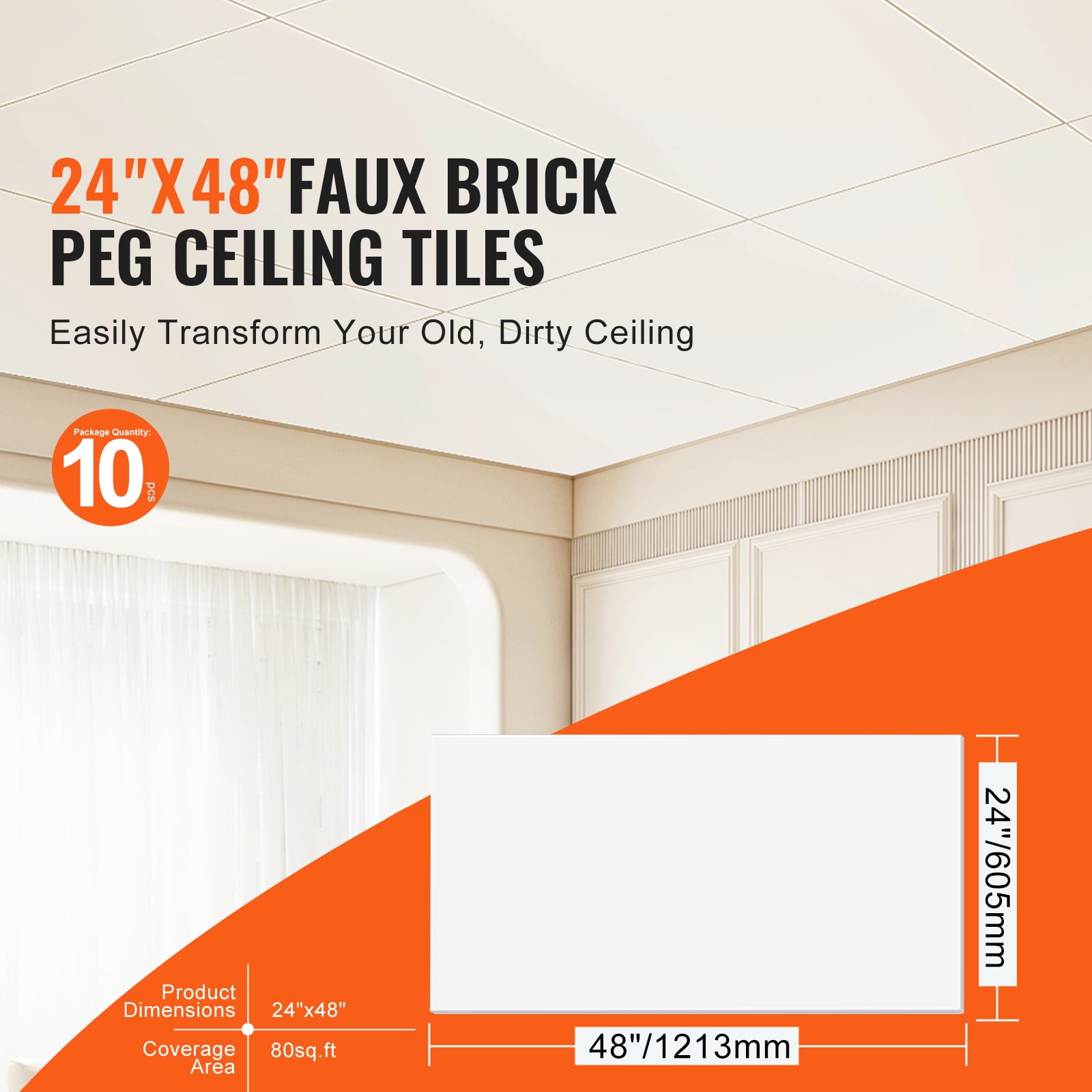 KFFKFF Ceiling Tiles, 10-Pack 24 x 48 in, Drop Ceiling Panels Made of Durable PVC Foam, Fire-Resistant with Flexible Design for Easy Installation, Ideal for Home or Office Décor, Smooth White Finish