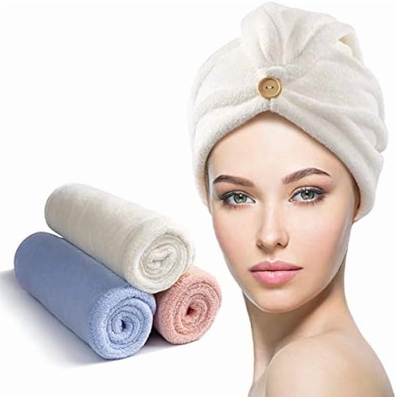 Fu997 3 Pack Microfiber Hair Towel Wrap for Women Girls, Super Absorbent Turban Towels for Drying Wet Hair, Anti Frizz Head Towels for Curly All Hair Style, Turbie Twist (Blue, Pink, White)