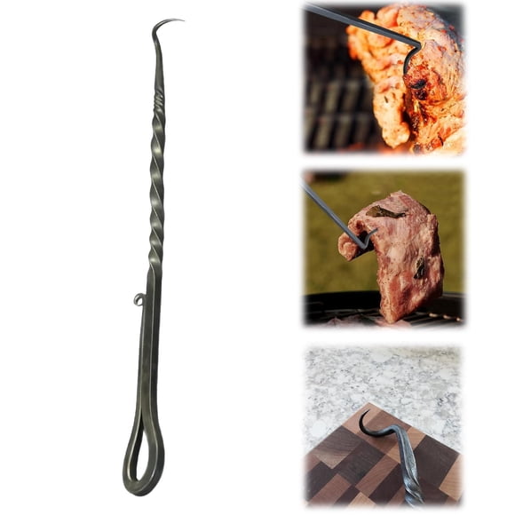 BBQ Turner Hooks, Meat Hook Flipper, Forged Steak Flipper, Iron BBQ Turner Hooks, Long Handle Meat Hooks, Flipping Vegetables and Meat Great Tool for BBQ, 11.81 Inches