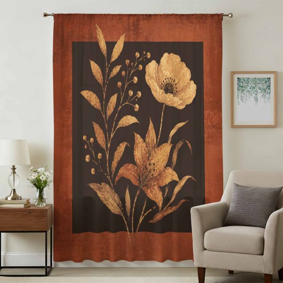 Thanksgiving Fall Sheer Curtains 72 Inches Long for Living Room, Farmhouse Vintage Botanical Flowers Light Filtering Privacy Drapes, Breathable Semi Sheer Window Treatment for Bedroom Dining Room