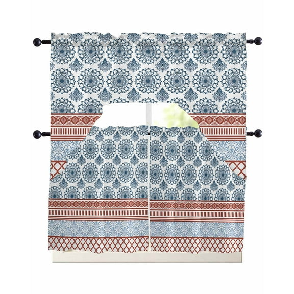 Blue Red Boho Kitchen Curtains Sets 24 Inch Length with Valance, Vintage Geometric Stripes Abstract Art Swag Valances and Tiers Curtain Set Drapes Swag Curtains for Living Room, Bathroom, Bedroom