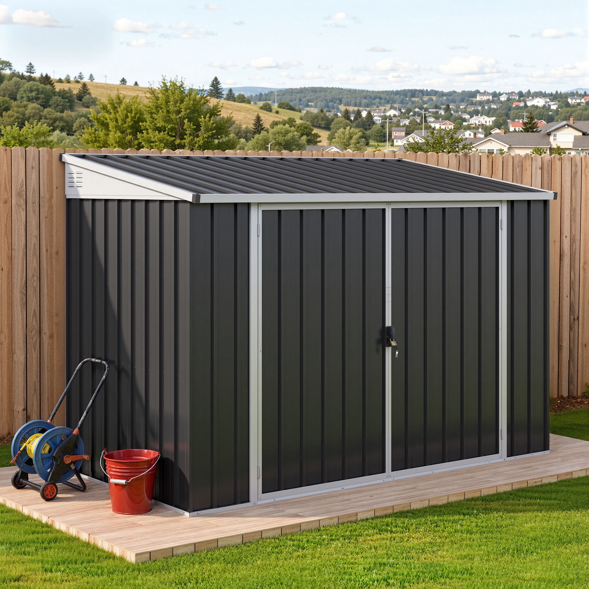 Uforic 7' x 4' Metal Outdoor Storage Shed, Weatherproof Bike Shed with Lockable Doors, Garden Storage for Tools, Lawn Equipment & Trash Cans, Dark Gray