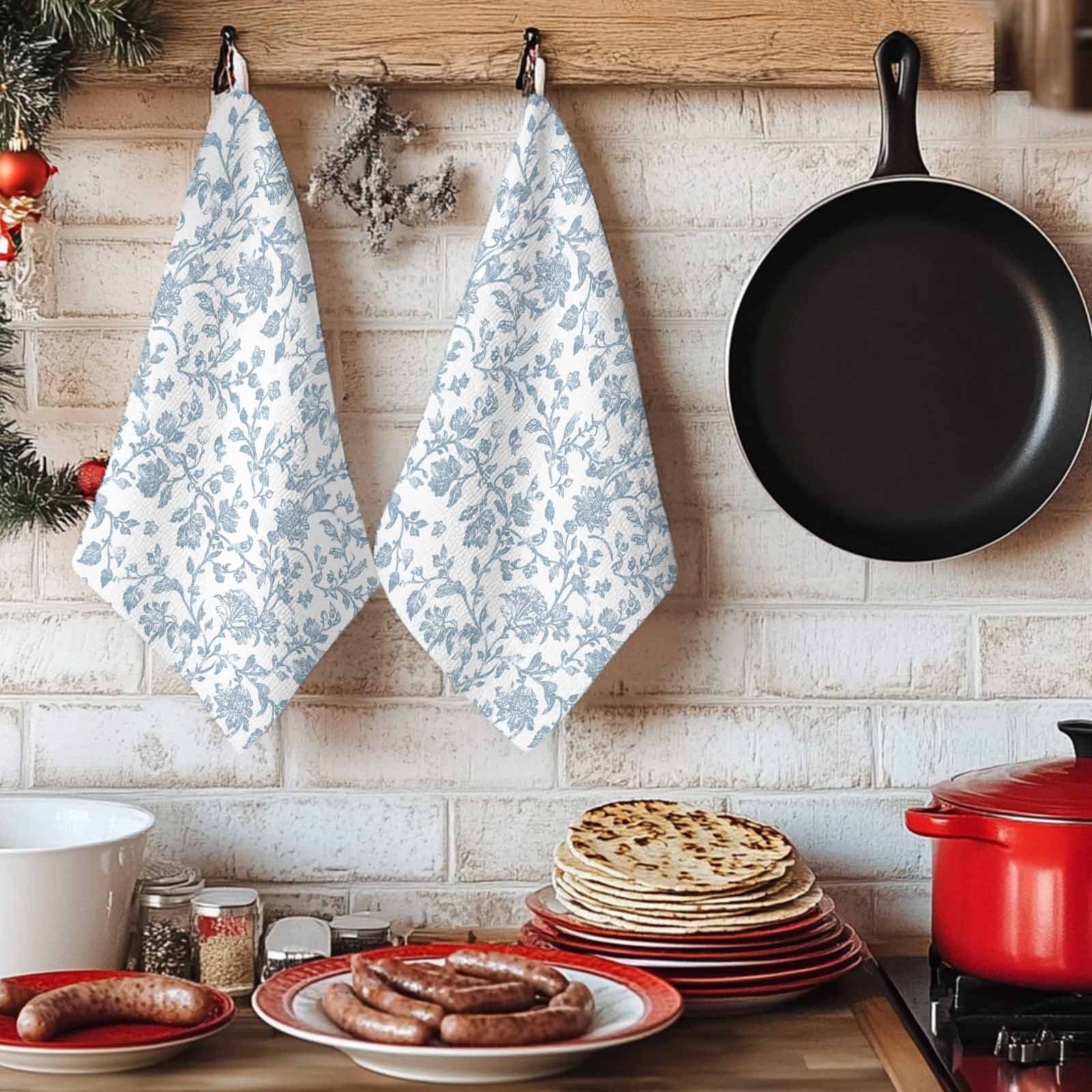 Light Blue Flower Kitchen Towels Set of 4, Vintage Farmhouse Boho Leaf Spring Soft Microfiber Dish Towels, Absorbent Quick-Dry Washable Dishcloths for Kitchen Cleaning, Drying Dishes, 18x28 Inches