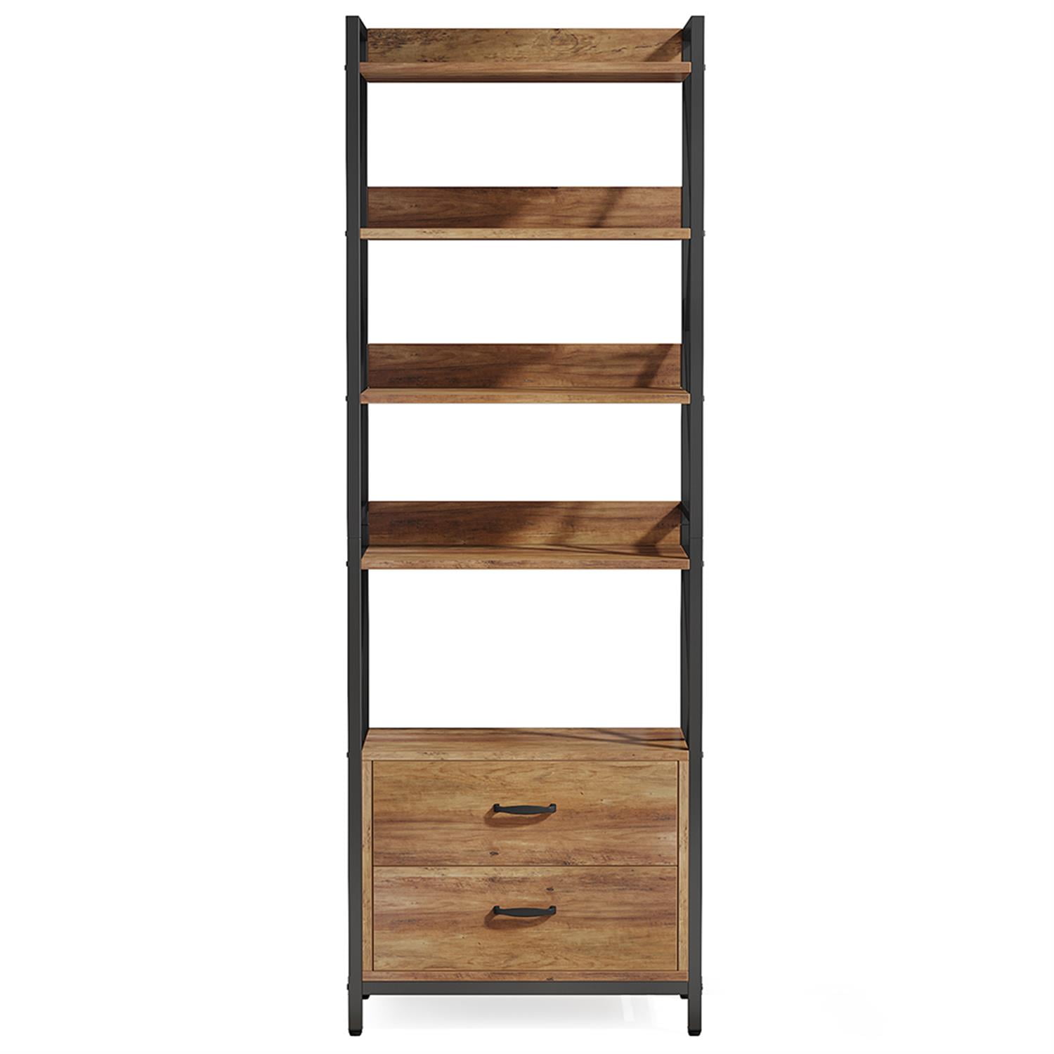 Demi Bonn 5 Tier Bookshelf with 2 Drawers, Wood and Metal Bookcase Storage Organizer, 70" Tall Display Standing Shelf Unit for Bedroom, Living Room, Brown