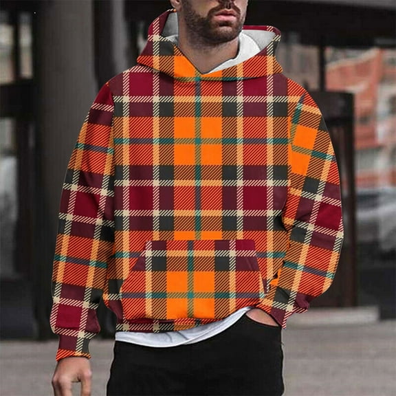 Man's 3D Print Hoodie Long Sleeve Loose Fit Plaid Pullover Winter Thermal Sweatshirt with Pockets (XL, Orange)