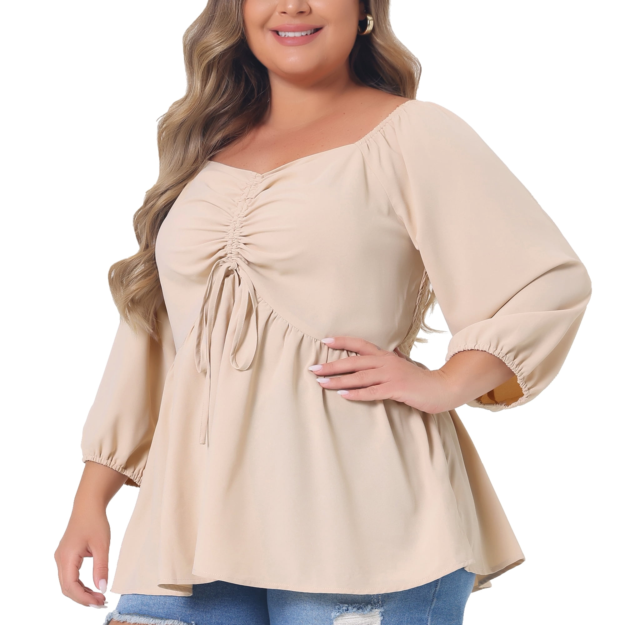 DARING DIVA Women's Plus Drawstring Ruched Peplum Blouse Tops 1X Light Apricot