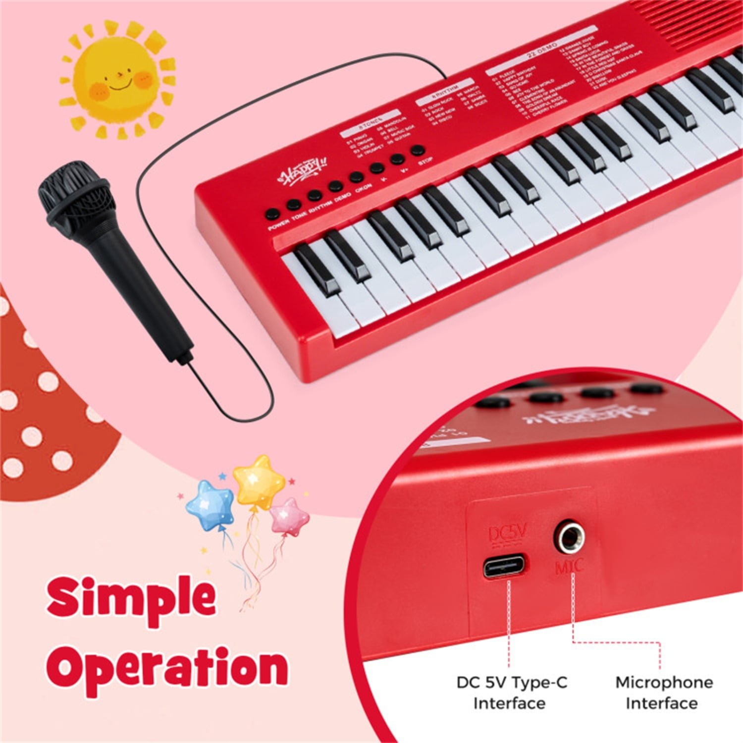 Red 37 Keys Kids Electronic Keyboard with Microphone, 8 Tones & 8 Rhythms Piano Toy for Ages 3+