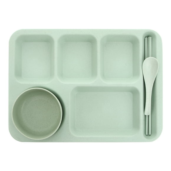 1 Set Creative Wheat Straw Bowl Exquisite Dinner Tray Drop-Proof Rice Dishes Separate Plates Cutlery Set (Green)