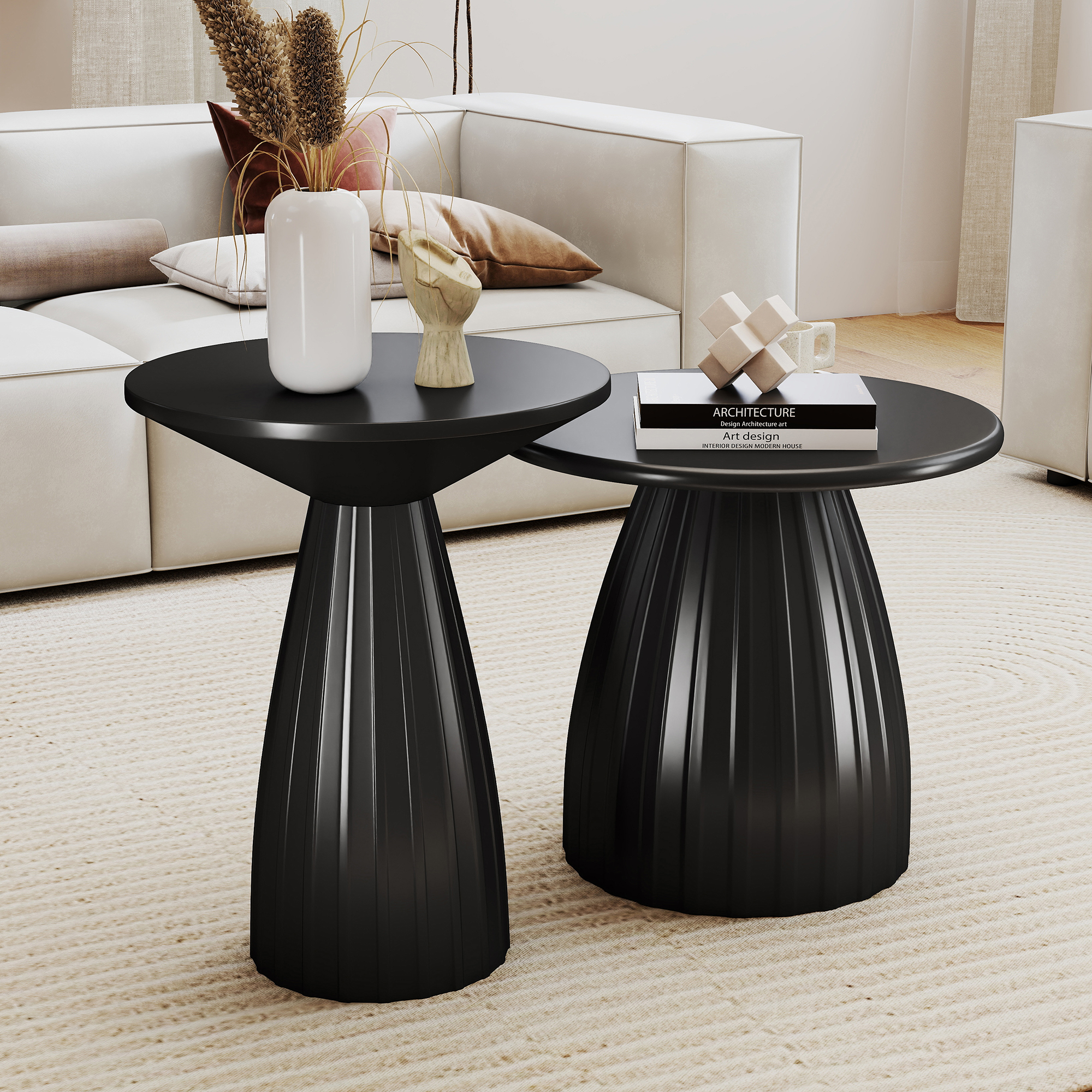 Outdoor Side Tables Set of 2, Small Round End Table, Weather Resistant Metal Steel Side Table for Patio Yard Balcony Garden Bedside, No Assembly, Black