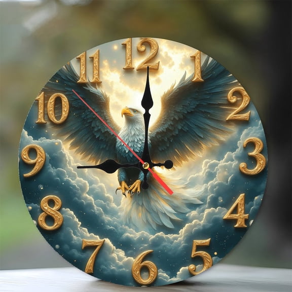 Eagle Wall Clock with Golden Numbers And Clouds Art 10-Inch Silent Wooden Wall Clock, Battery Operated (AA Batteries Not Included), Artistic Home Decor
