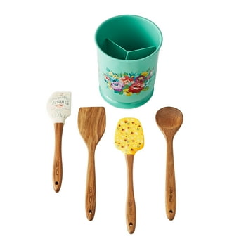 The Pioneer Woman Silicone and Wood Kitchen Utensils with Crock, Sweet Romance, 5-Piece Set