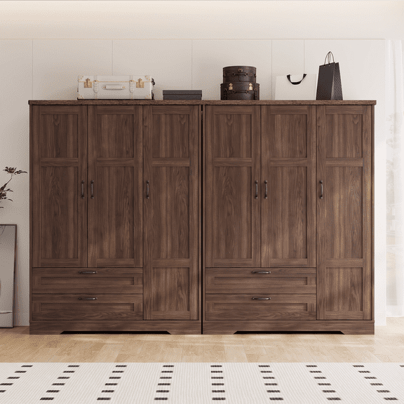 Brafabhome Set of 2 62"H Wooden Armoire Wardrobe Closet with 2 Drawers, 3 Doors Modern Wardrobe Cabinet with Mirror and Adjustable Shelf for Clothes Coats | Walnut