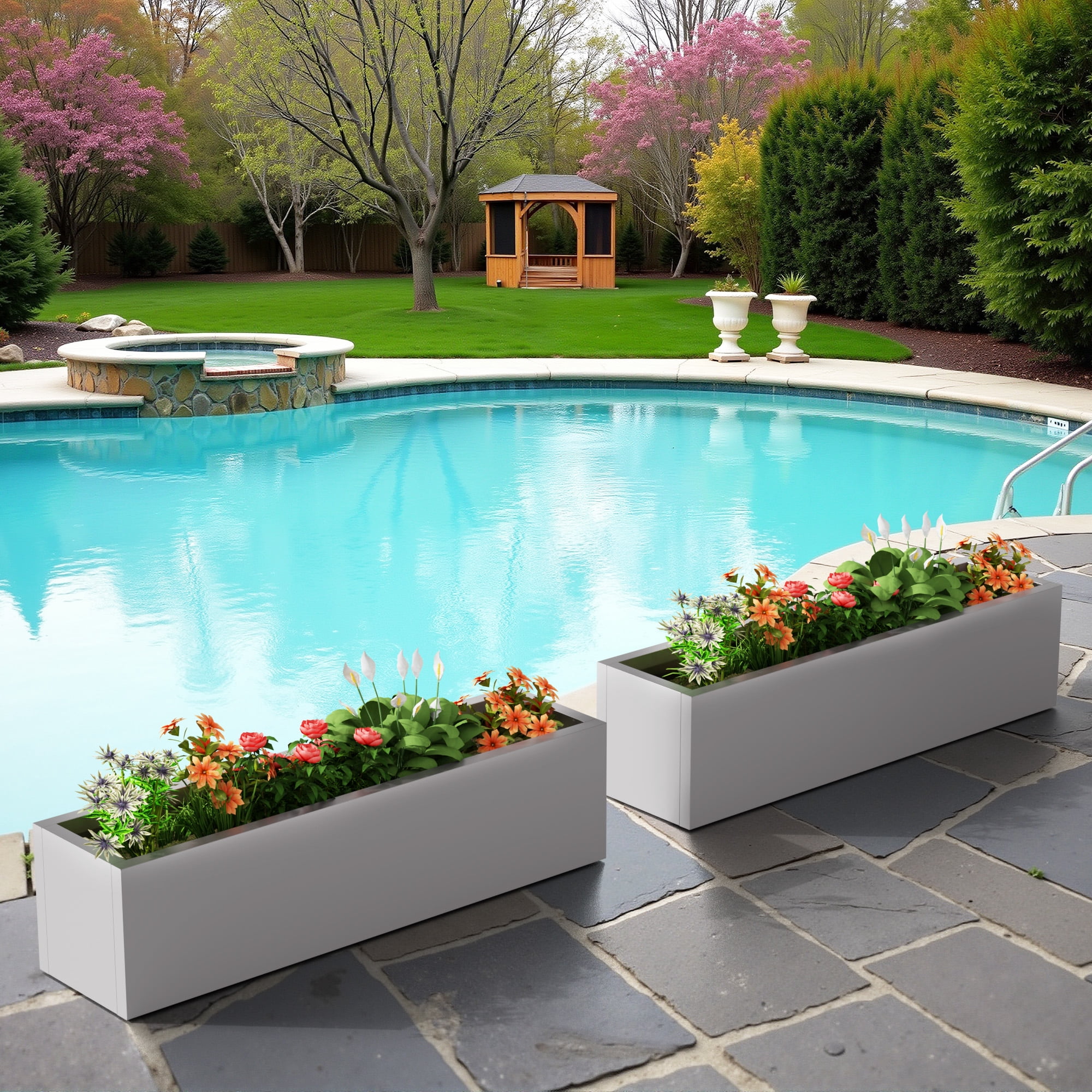MAYEERTY 36*9*9" Gray Modern Metal Rect Planter with Drainage Hole for Outdoor Gardening & Patio