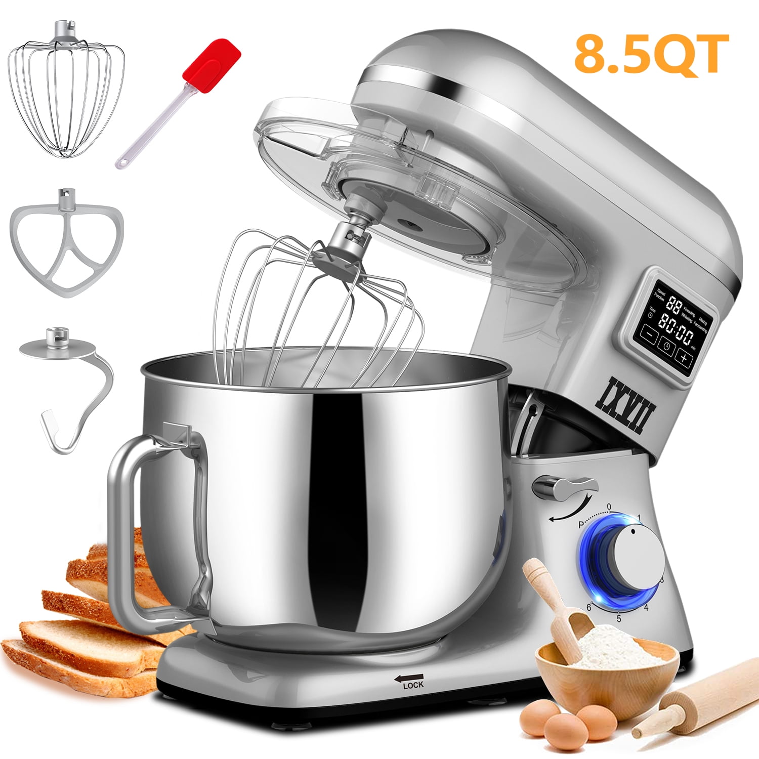 6 Speed Home Stand Mixer, Electric Cake Mixer with LCD Display Timer, 660W  Tilt-Head Kitchen Mixer with Stainless Steel Bowl, Dough Hook, Whisk, 