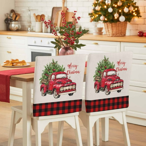 Merry Christmas Chair Covers Set of 1 Red Truck Winter Christmas Tree Plaid Chair Back Covers Stretch Removable Washable Slipcovers Protector for Dining Room Kitchen Party Decor