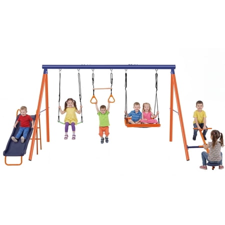 VIBESPARK 5 in 1 Metal Swing Sets for Backyard, 700lbs Heavy-Duty Outdoor Playset for Playground, Outside Kids Play Equipment with 2 Adjustable Swings, Ring Trapeze Bar, Teeter-Totter & Slide