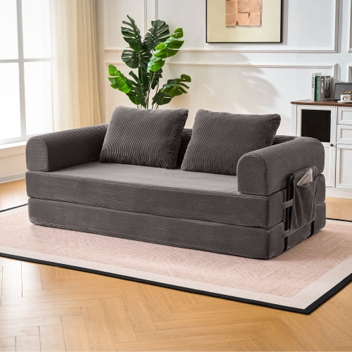 Convertible Sleeper Sofa Bed with Cylindrical Pillow, Corduroy Folding Mattress Couch for Living Room, Bedroom, Studio, Dark Gray