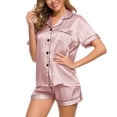 thumbnail image 1 of Conjunto de Pijama de verano para mujer, ropa de dormir rosa con cuello vuelto de seda sintética satinada azul, Pijama informal de manga corta para mujer, pantalones cortos para el hogar XXXXL, 1 of 5