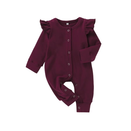

Binpure Newborn Baby Girl Romper Long Sleeve Ruffles Decor Round Neck Solid Color Bodysuit Casual Simple Style Playsuit