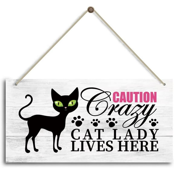 Cat Wall Art Sign Decor, Crazy Cat Lady Lives Here, Cat Warning Welcome Sign for Font Door Outside Decor Cat Hanging Wood Wall Art Sign Home Decoration, Gifts for Cat Mom Dad Owner Lover