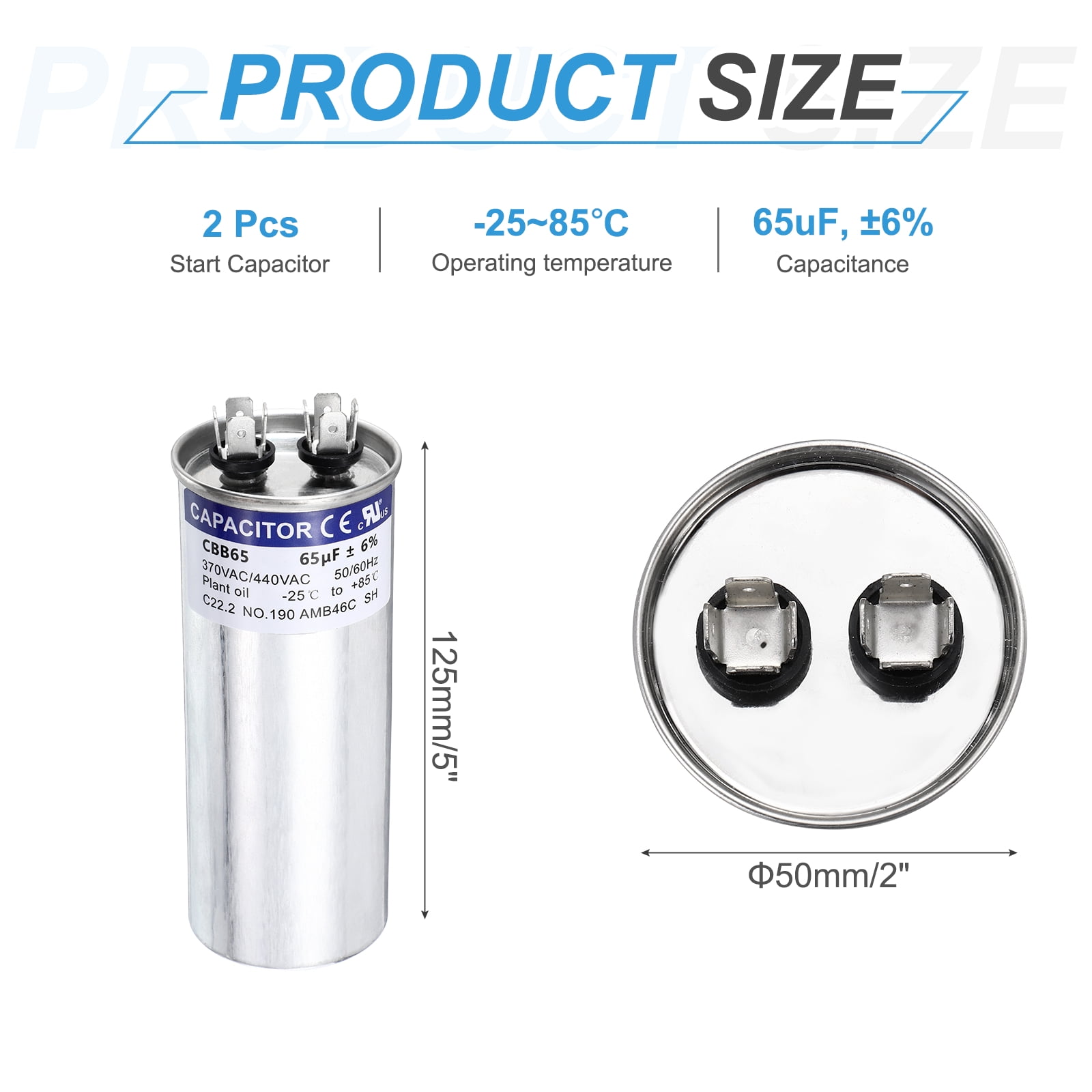 Uxcell 2Pcs 65MFD CBB65 Run Start Capacitor 65uF, 370/440V Round AC Capacitor for AC Motor Run, HVAC, Air Conditioner, Condenser Motors