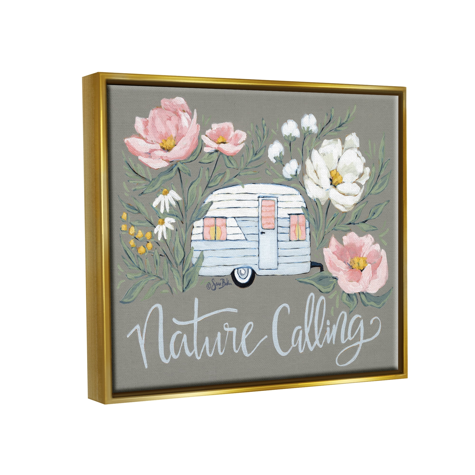 Stupell Industries Nature Calling Floral Camper Botanical & Floral Painting Gold Floater Framed Art Print Wall Art, 21 x 17