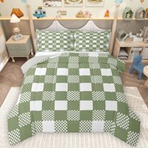 Homewish Geometric Plaid 3-Piece Full Size Comforter Sets For Teens Boys Girls,Green White Bedding Comforter Set,Vintage Aesthetic Lightweight Bedding Sets,Super Cozy Room Decor,Reversible