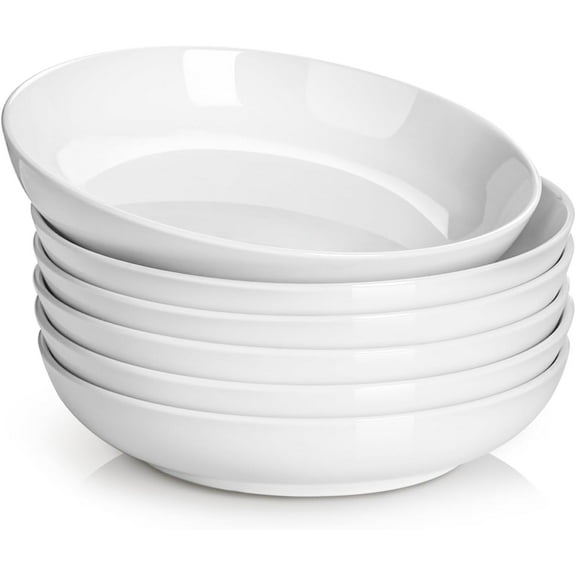 8.5" Pasta Bowls, 32oz Salad Bowls Set of 6, Natural White Ceramic Serving Bowls, Porcelain Plate Bowl Serving Dish Shallow Bowls Set for Kitchen, Microwave Dishwasher Safe