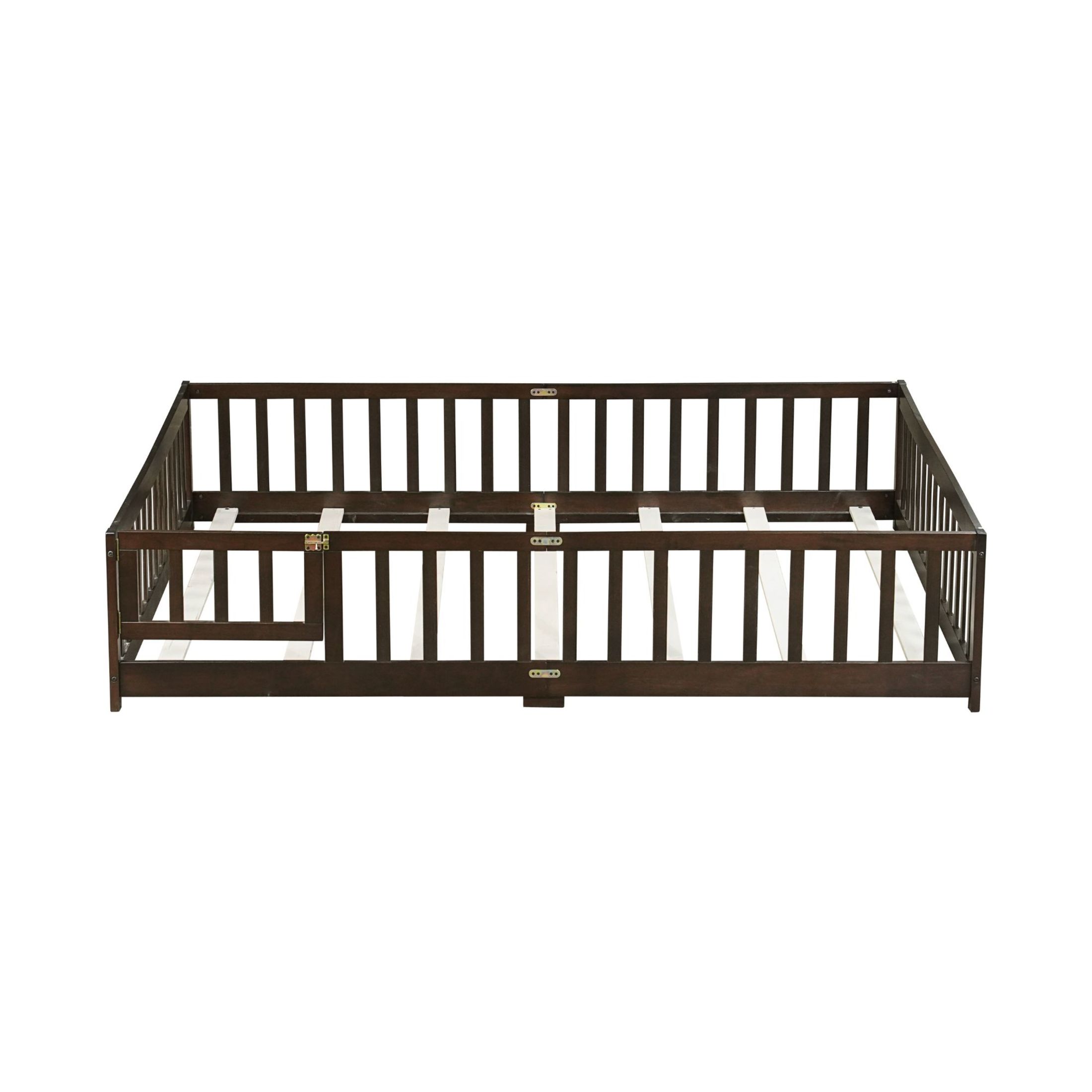 Noble House Queen Size Floor Bed, Solid Rubber Wood Frame with Fence, Door, Guardrails & Slat Support, Espresso