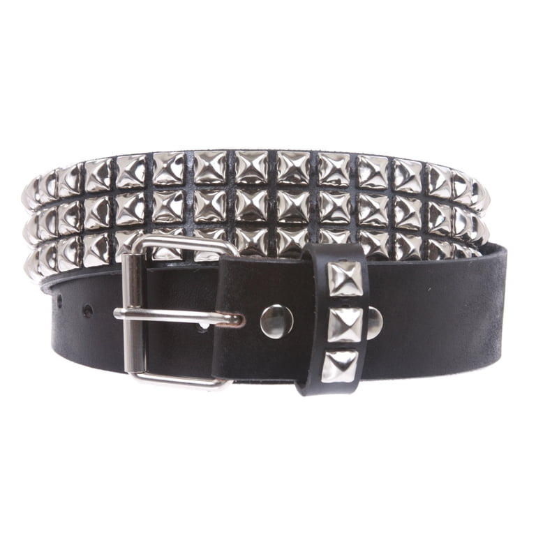 Three Row Studded Punk Rock Leather Belt - Snap On Buckle Snap On Three Row Punk Rock Star Metal Silver Studded Full  main image 3