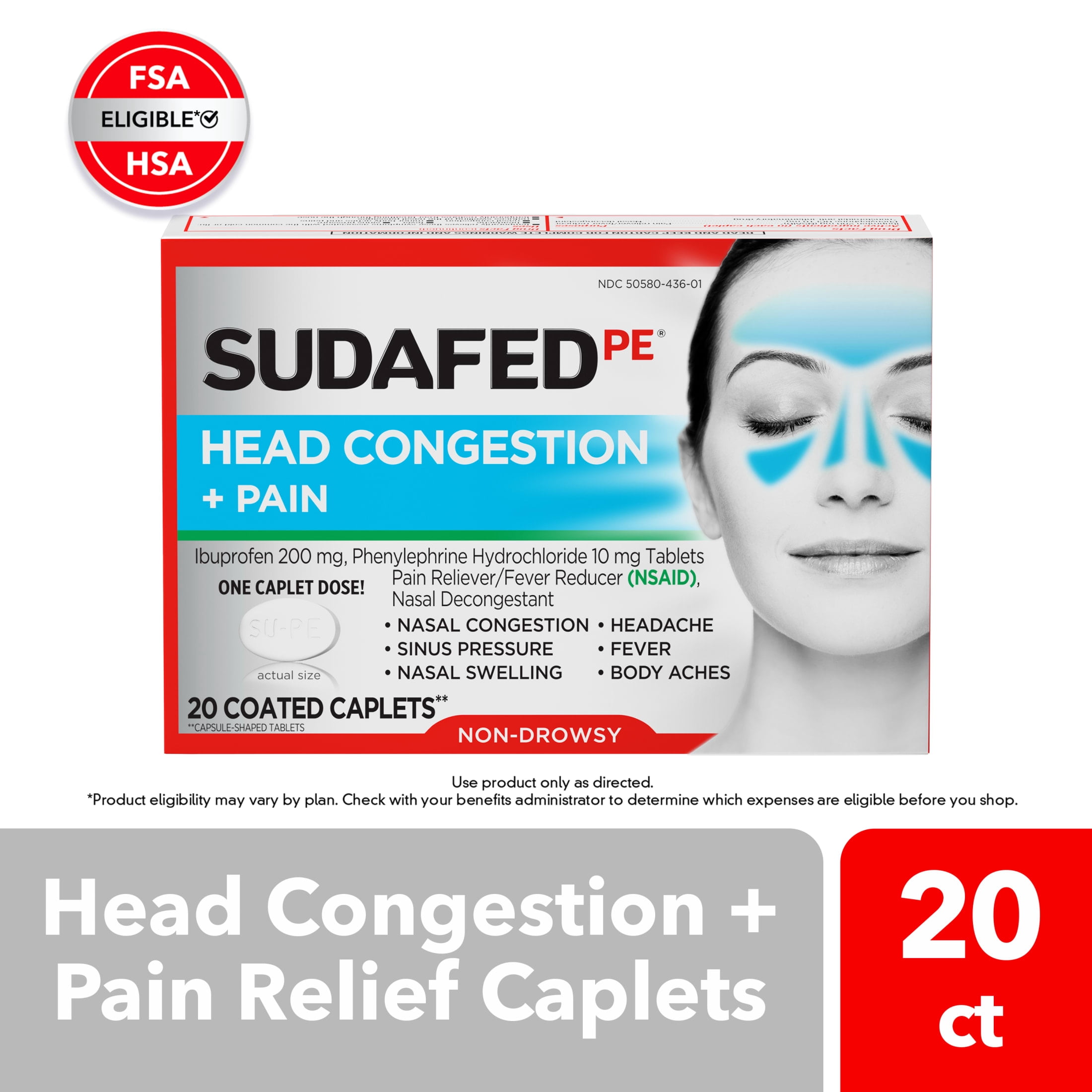 (3 pack) Sudafed PE Non-Drowsy Head Congestion + Pain Relief Caplets, 20 Count