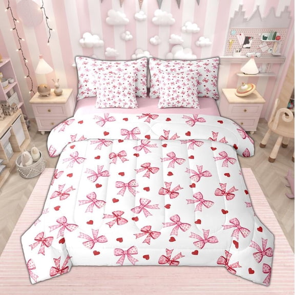 Manfei Polka Dots Bow Knot Twin Bedding Sets 7-Piece, Red Love Heart Print Bedding Comforter Set, White Pink Girl Sheet Sets, Lightweight Bedroom Decor