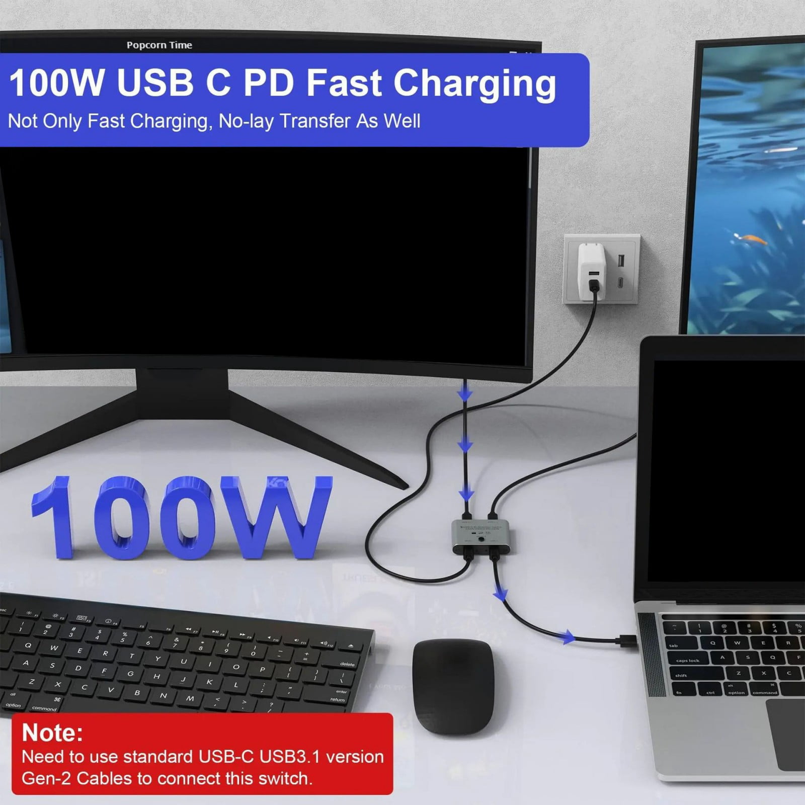 8K USB C Switcher Splitter for 2Computer BiDirectional Type C KVM Switcher Support 100W Charging 10Gbps Data Transfer