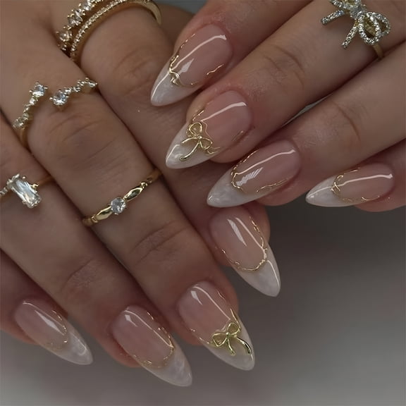 RAGUPEL 24 Pcs Pink Press on Nails Short Almond Nail Tips, Acrylic Nail Kit Fake Nails Press Ons Glue on Nails Full Cover Fall Artificial French False Nails 3D Gilded Bow Nail Art Design for Women