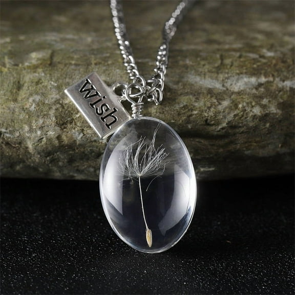 Clear Glass with Dandelion Inside Pendant Necklaces Rectangle Wish Zinc Alloy Jewelry for Women Platinum Oval 17.72~18.70 inch(45~47.5cm)