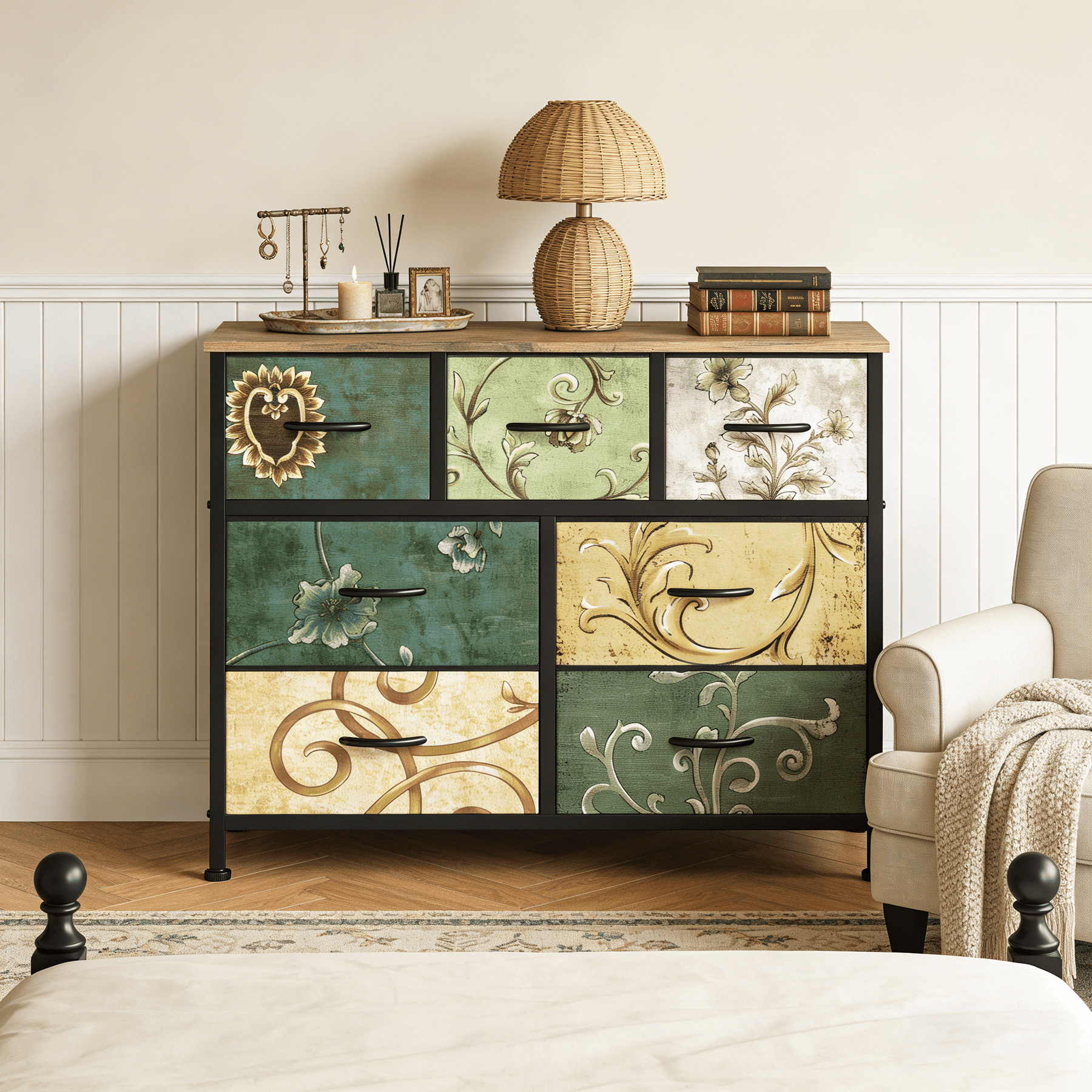 Aidoly 7-Drawer Wide Fabric Storage Dresser with Wooden Top - Space-Saving Bedroom & Closet Organizer, Floral Painted